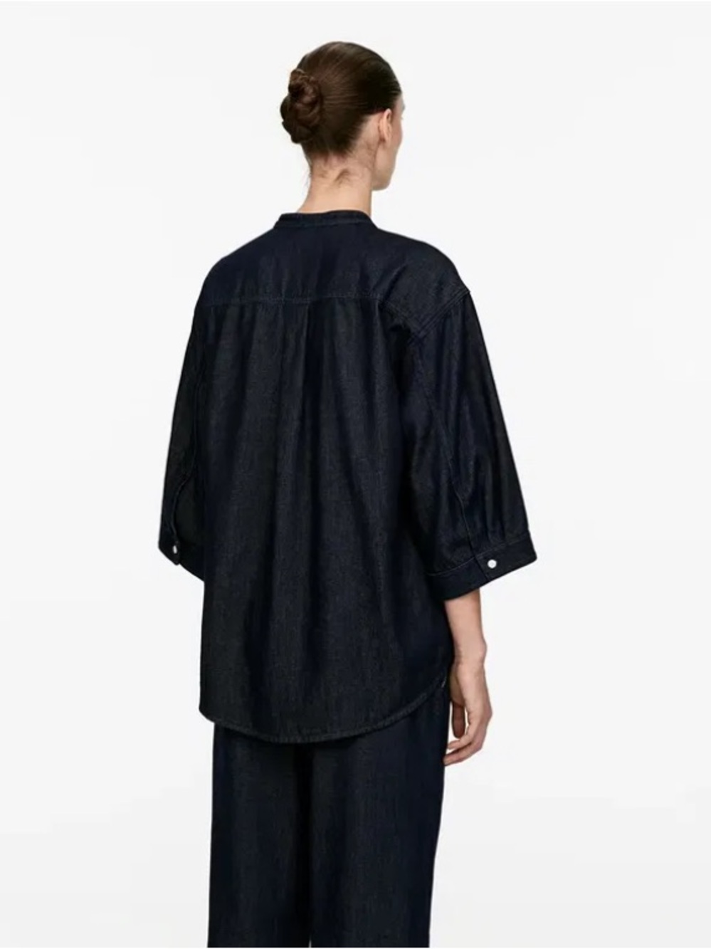 ARKET collarless 3/4 sleeve raw denim button up shirt - Picture 2 of 8